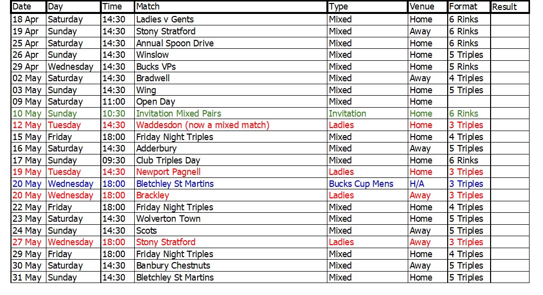 Buckingham West End Bowls Club 2006 April and May Fixtures