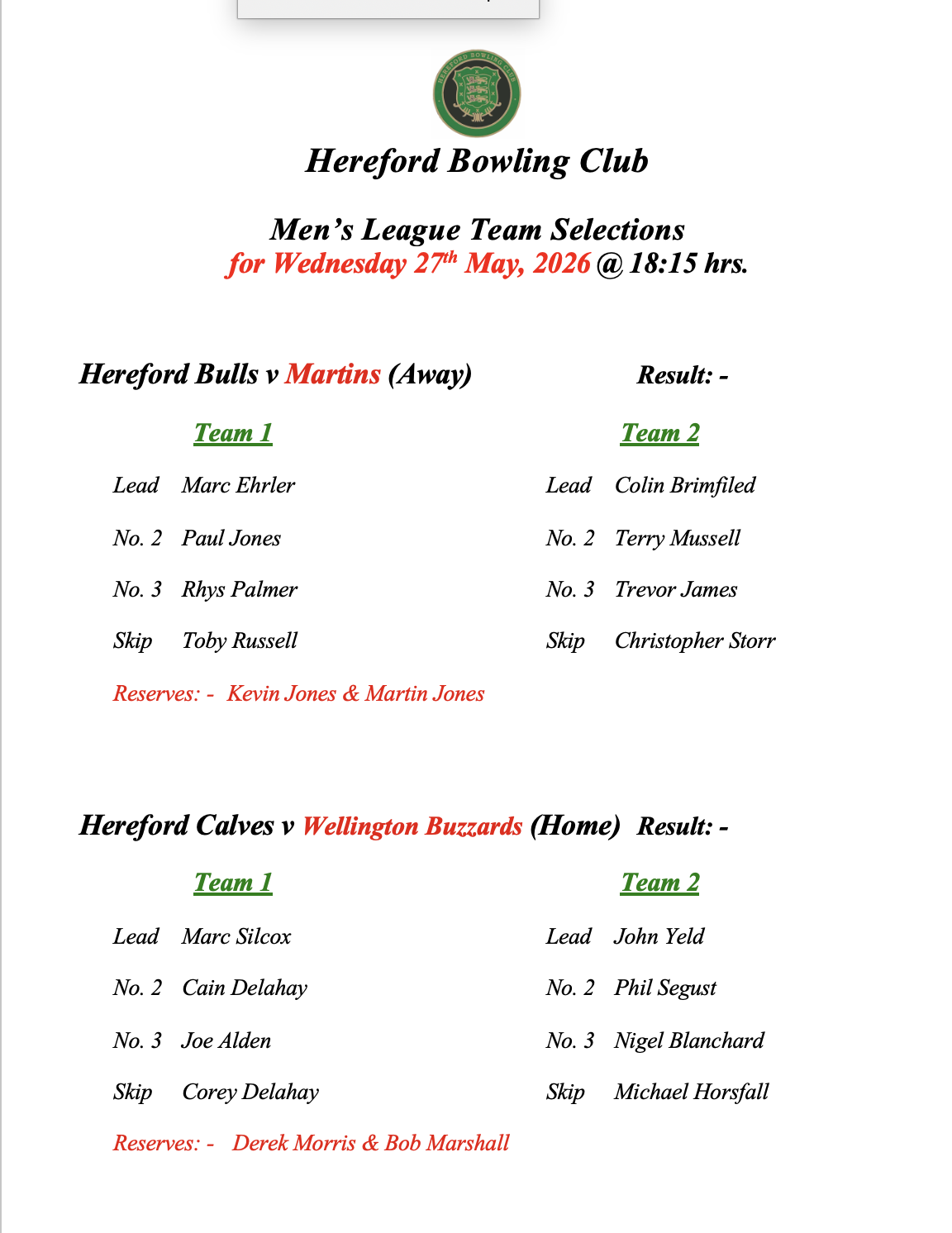 Hereford Bowling Club Men's League - 27/05/26