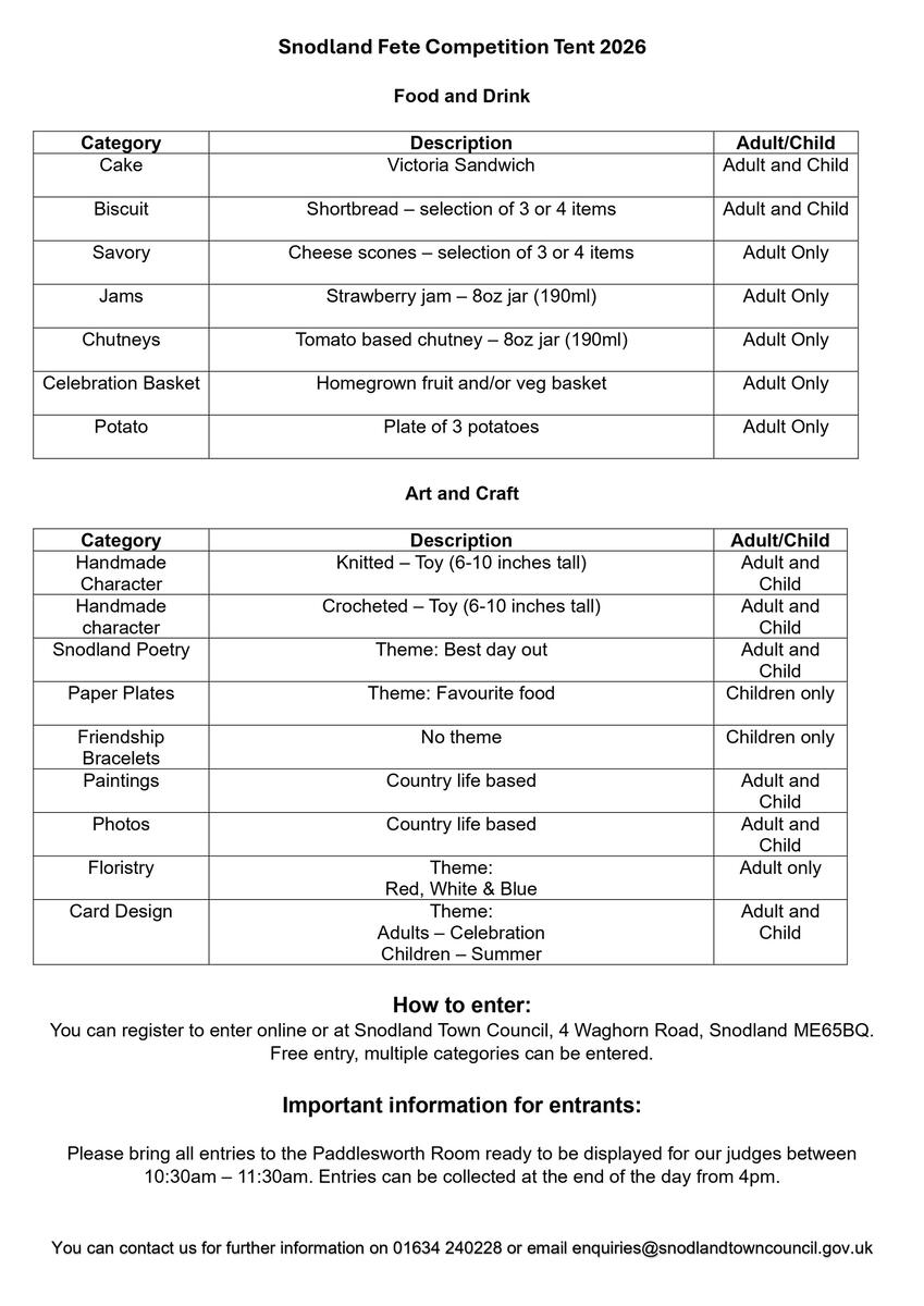 Snodland Fete Competition Tent Categories 2026