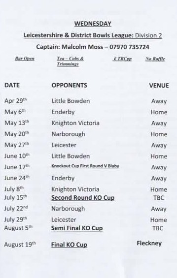 Hart of Fleckney Bowls Club Leics & Dist League