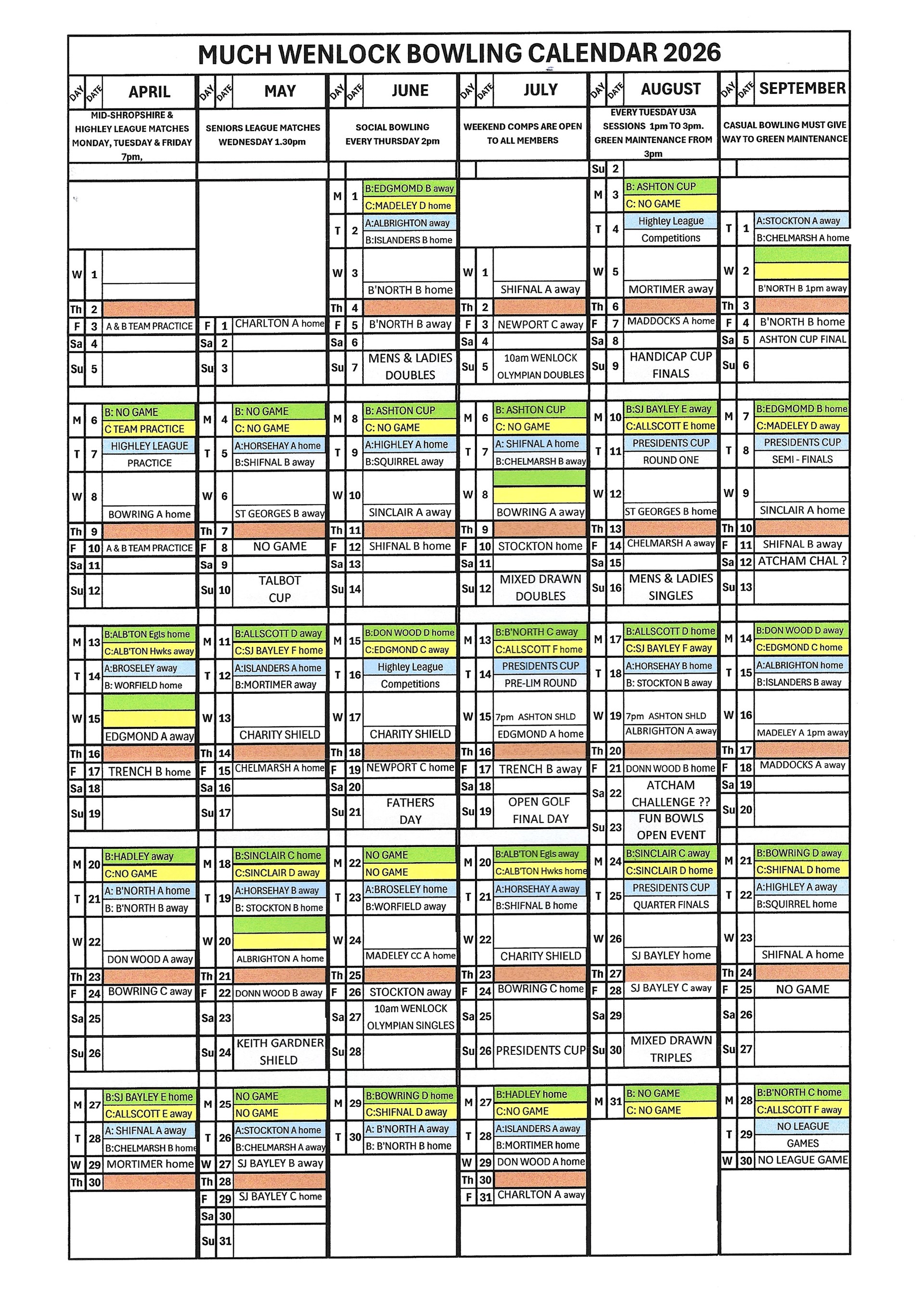 Much Wenlock Bowling Club Bowling Calendar