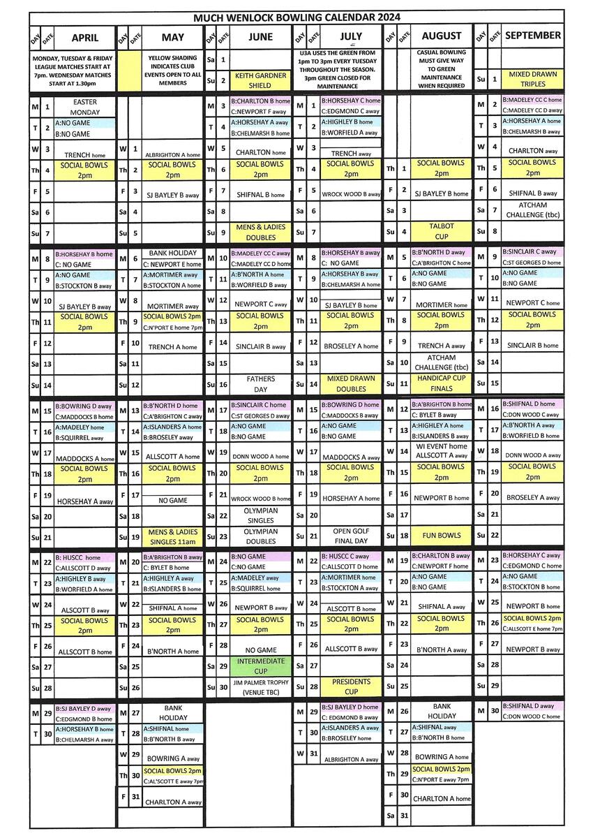 Much Wenlock Bowling Club Bowling Calendar