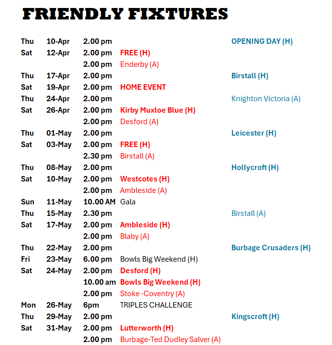 Hinckley Bowling Club Friendly Fixtures (2025).