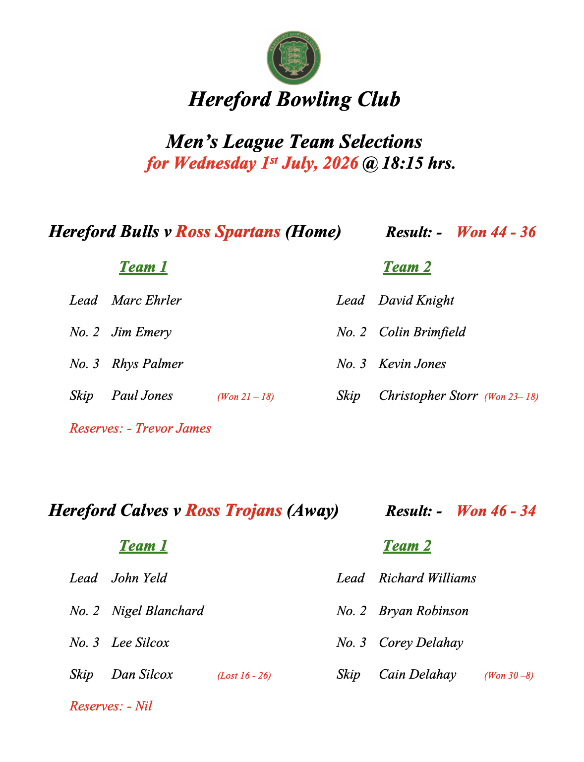 Hereford Bowling Club Men's League - 01/07/26