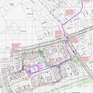 Highlights the route of the Surface Water drainage, from Attenuation Tank to join the Drain (Harvest View) by the Croquet Club, which runs to a ditch on the far side of the Playing Fields