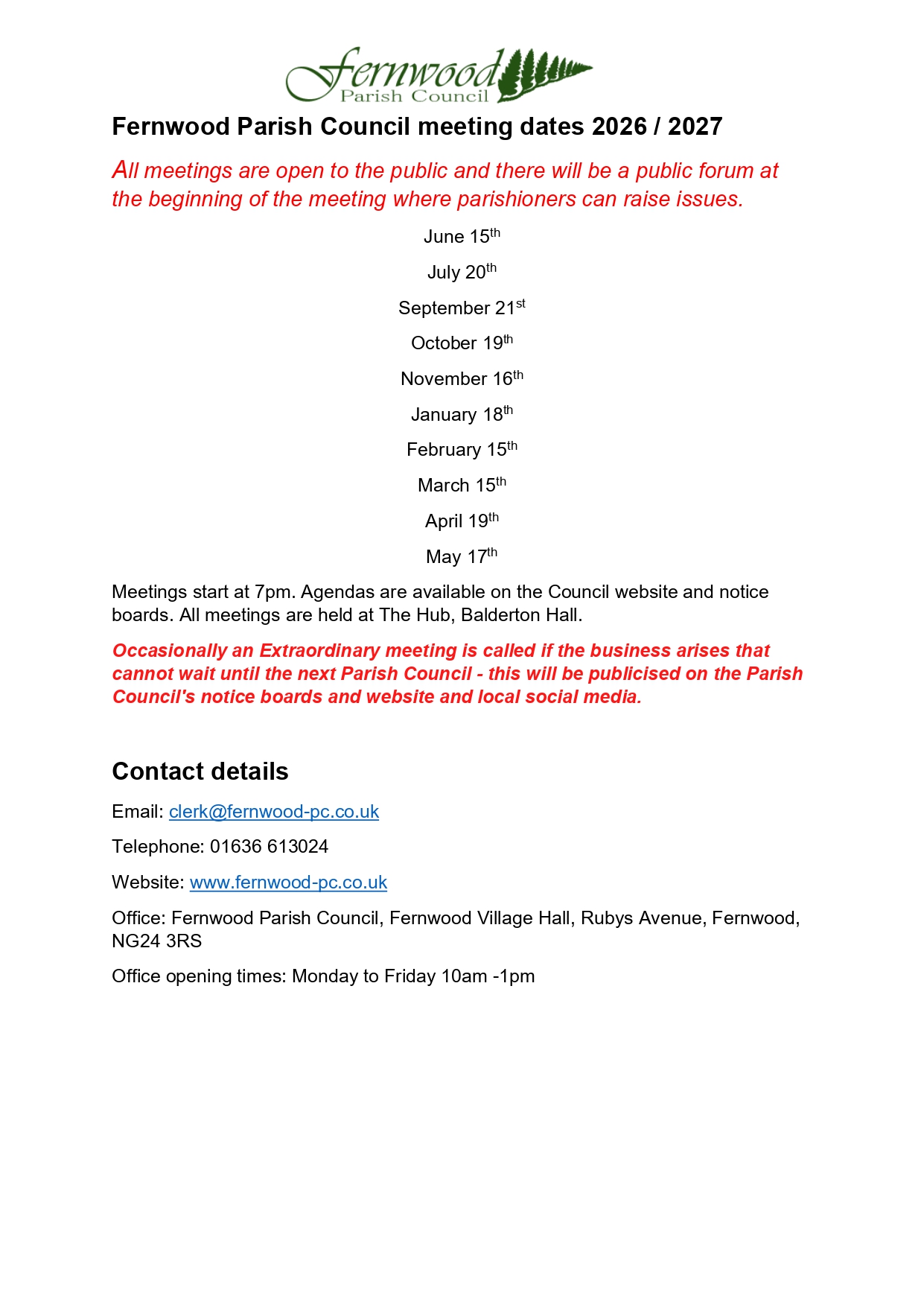 Fernwood Parish Council Meeting dates