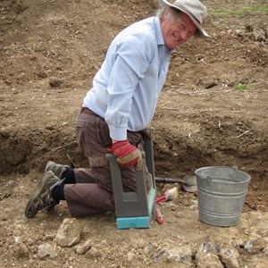 Roger in trench 4 – the smaller of the two buildings.
