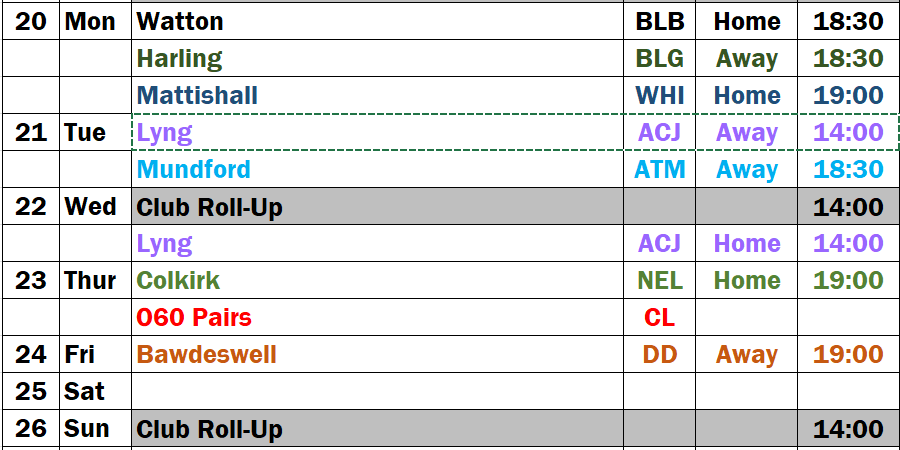 Fixtures for the Week starting 20 July