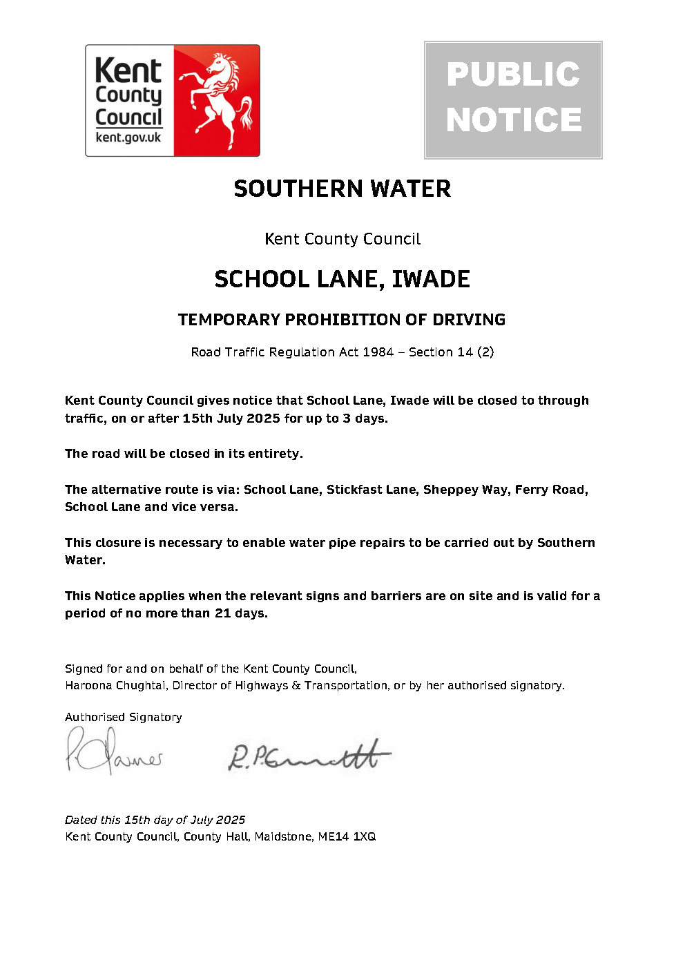 Iwade Parish Council Road and Footpath closures Iwade Parish Council Road and Footpath closures