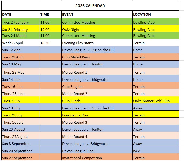 Wellington Pétanque Club Calendar