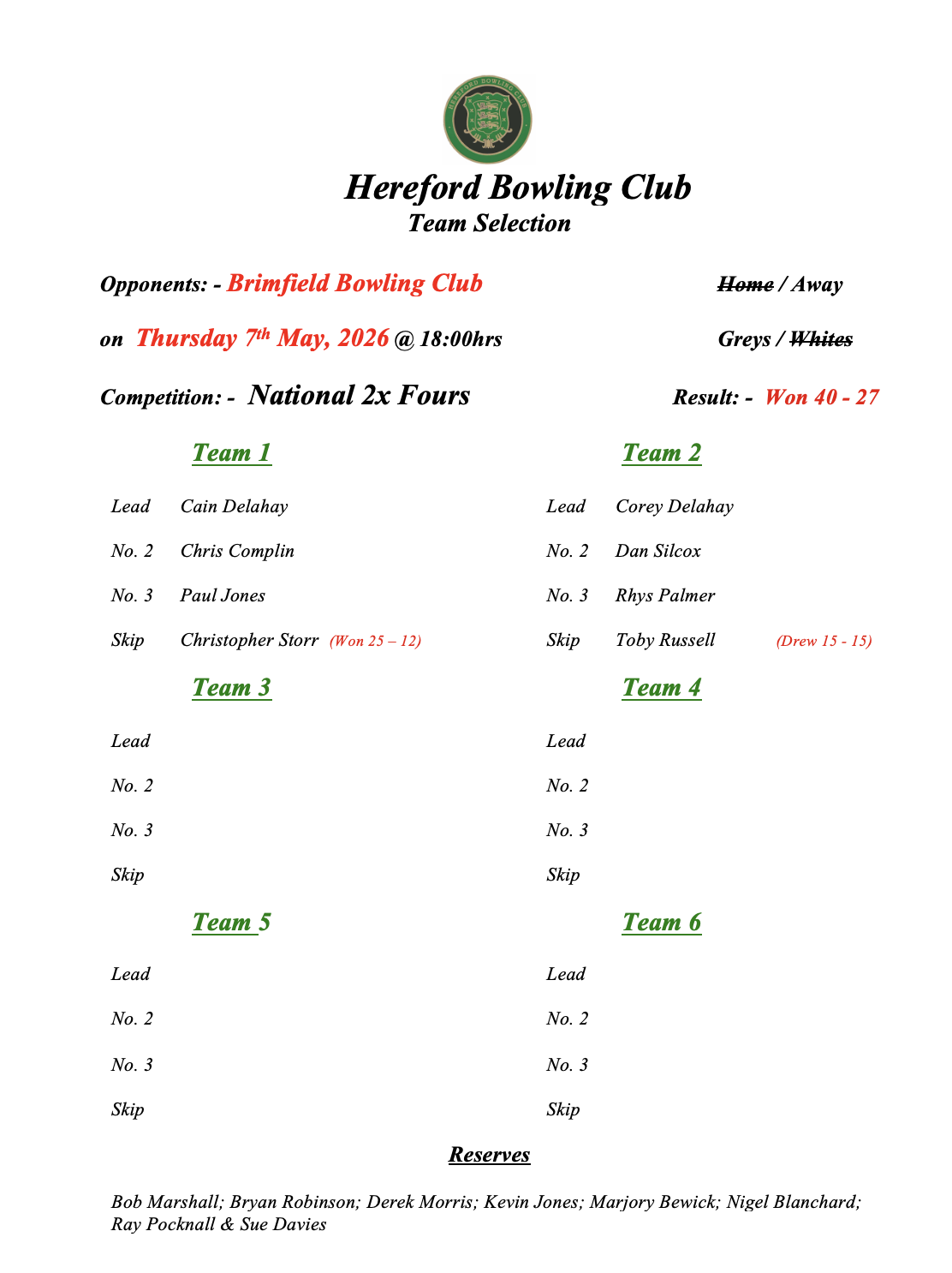 Hereford Bowling Club Brimfield - National 2x Fours - 07/05/26