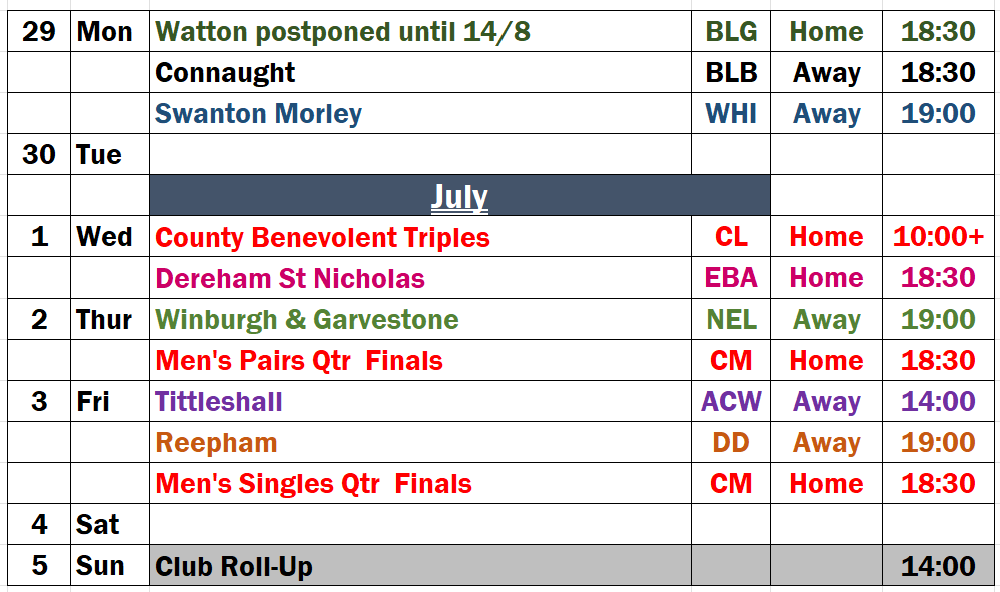 Fixtures for the Week starting 22nd June