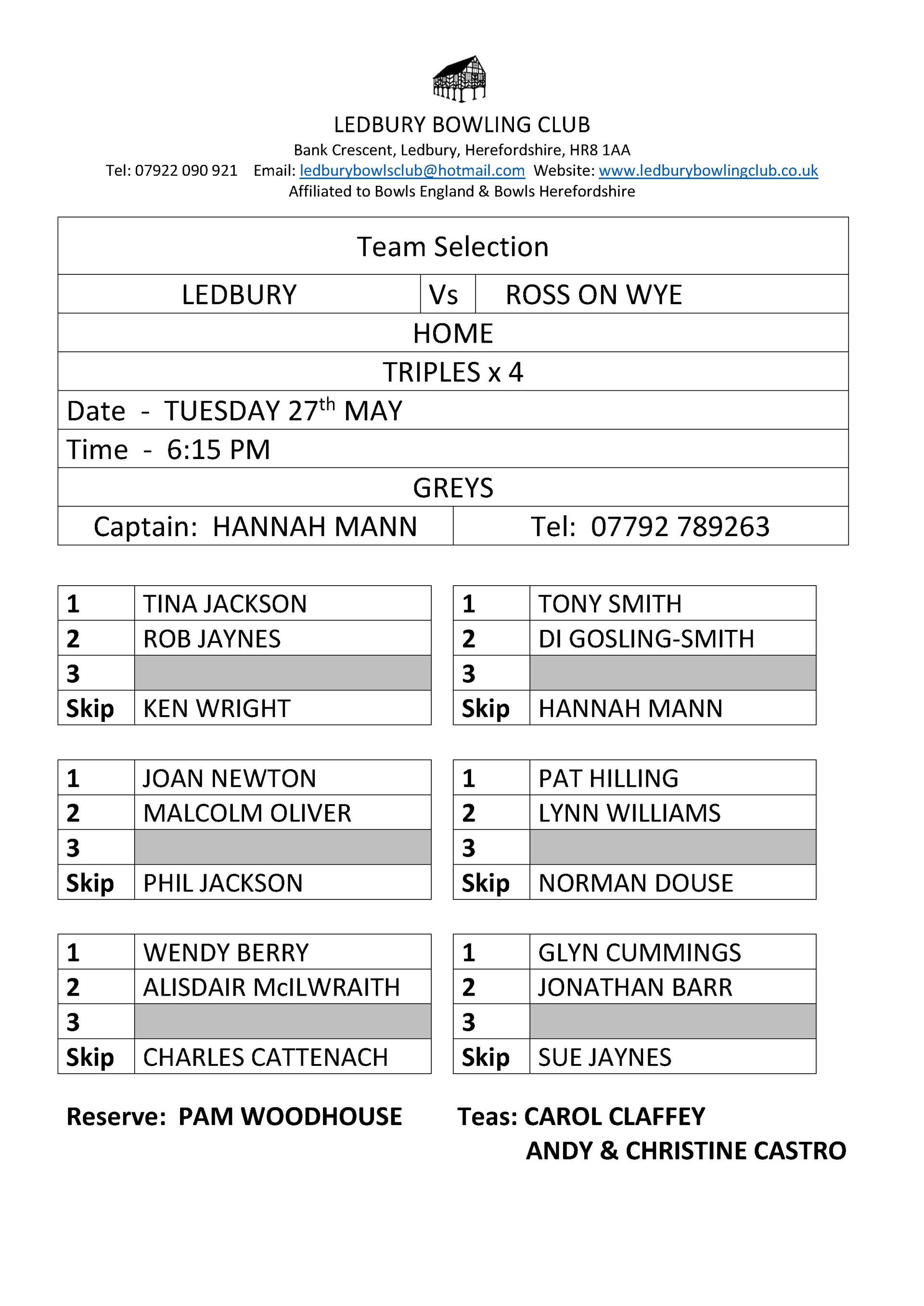 Ledbury Bowling Club Ross on Wye, Tuesday 27th May - Home