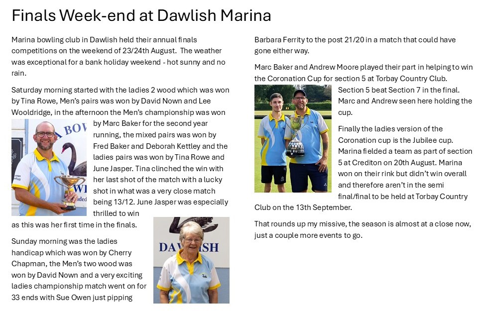 Marina Bowling Club Dawlish 2025 Press Items (July onwards)