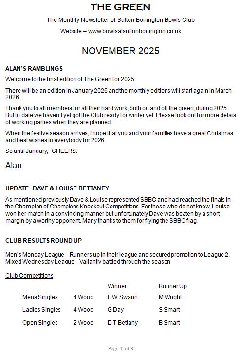 Sutton Bonington Bowls Club Club Newsletters