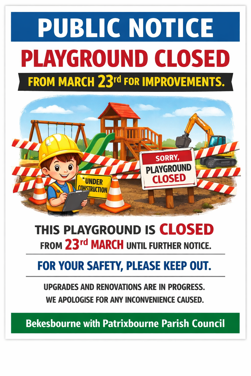 Recreation Notice: We’re delighted to announce that the recreation ground will soon be undergoing a fantastic makeover to enhance the space for everyone to enjoy.  Weather permitting, improvement works are scheduled to begin on 23rd March.  We appreciate your patience during this time and look forward to unveiling a refreshed and improved recreation ground for the whole community to enjoy. Stay tuned for updates!