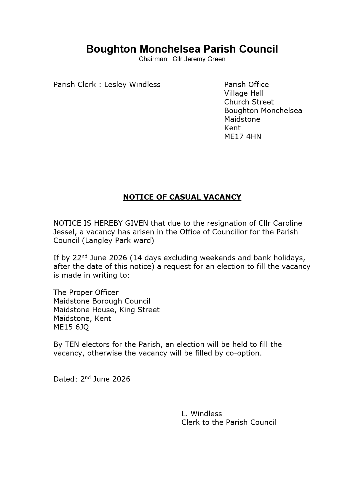 Boughton Monchelsea Parish Council Vacancies