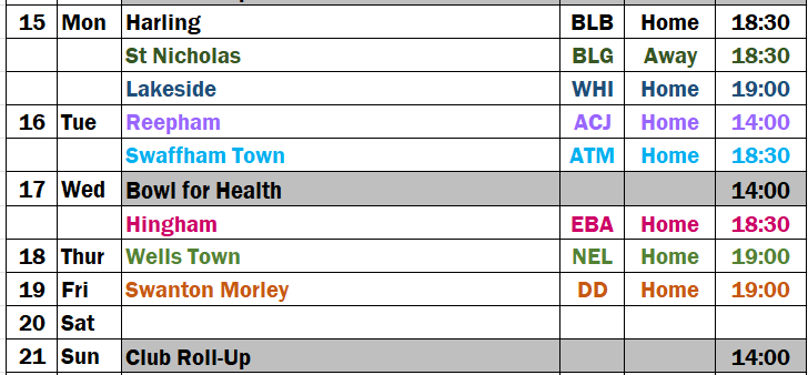 Fixtures for the Week starting 15th June
