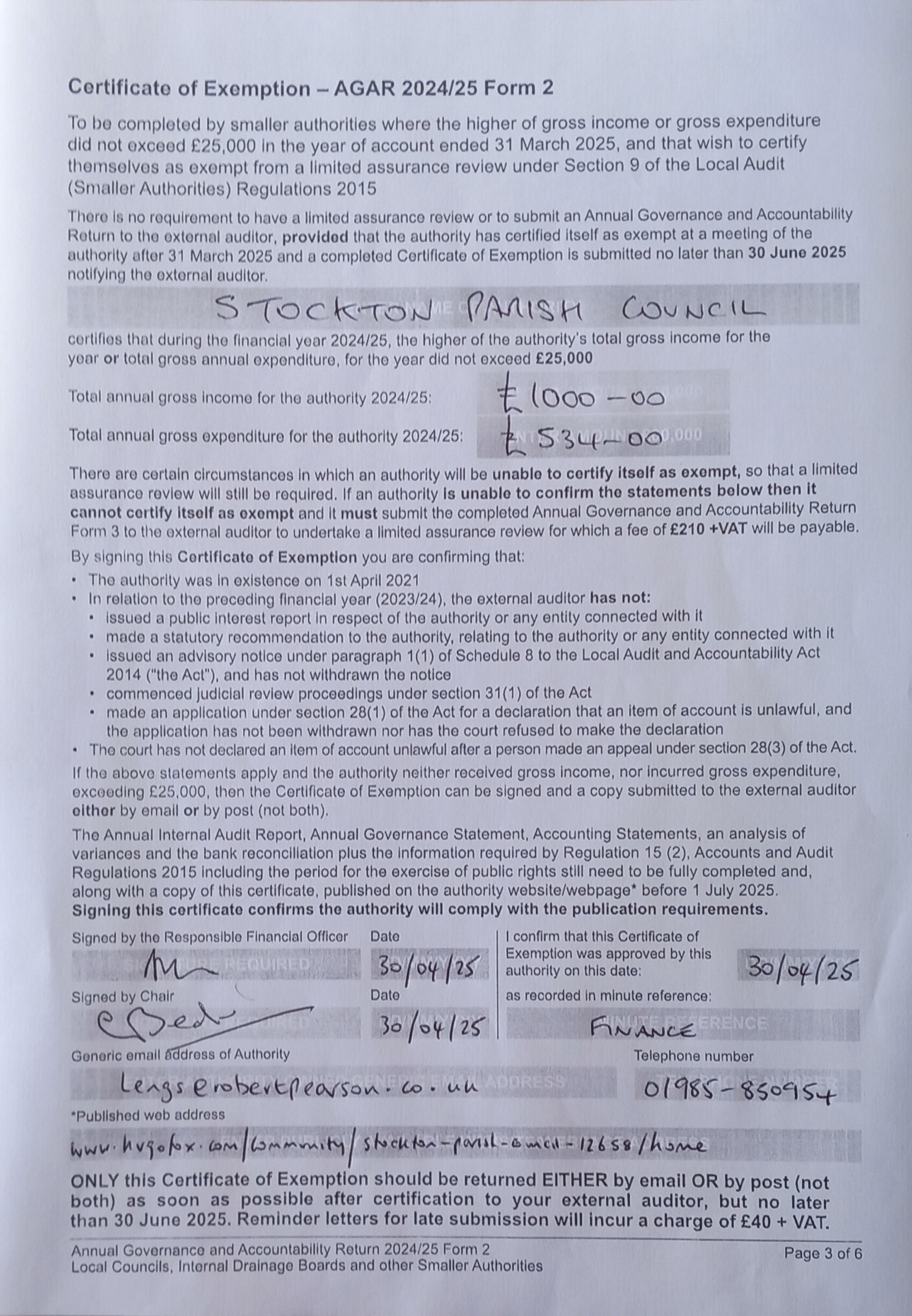 Stockton Parish Council AGAR 2024 - 2025