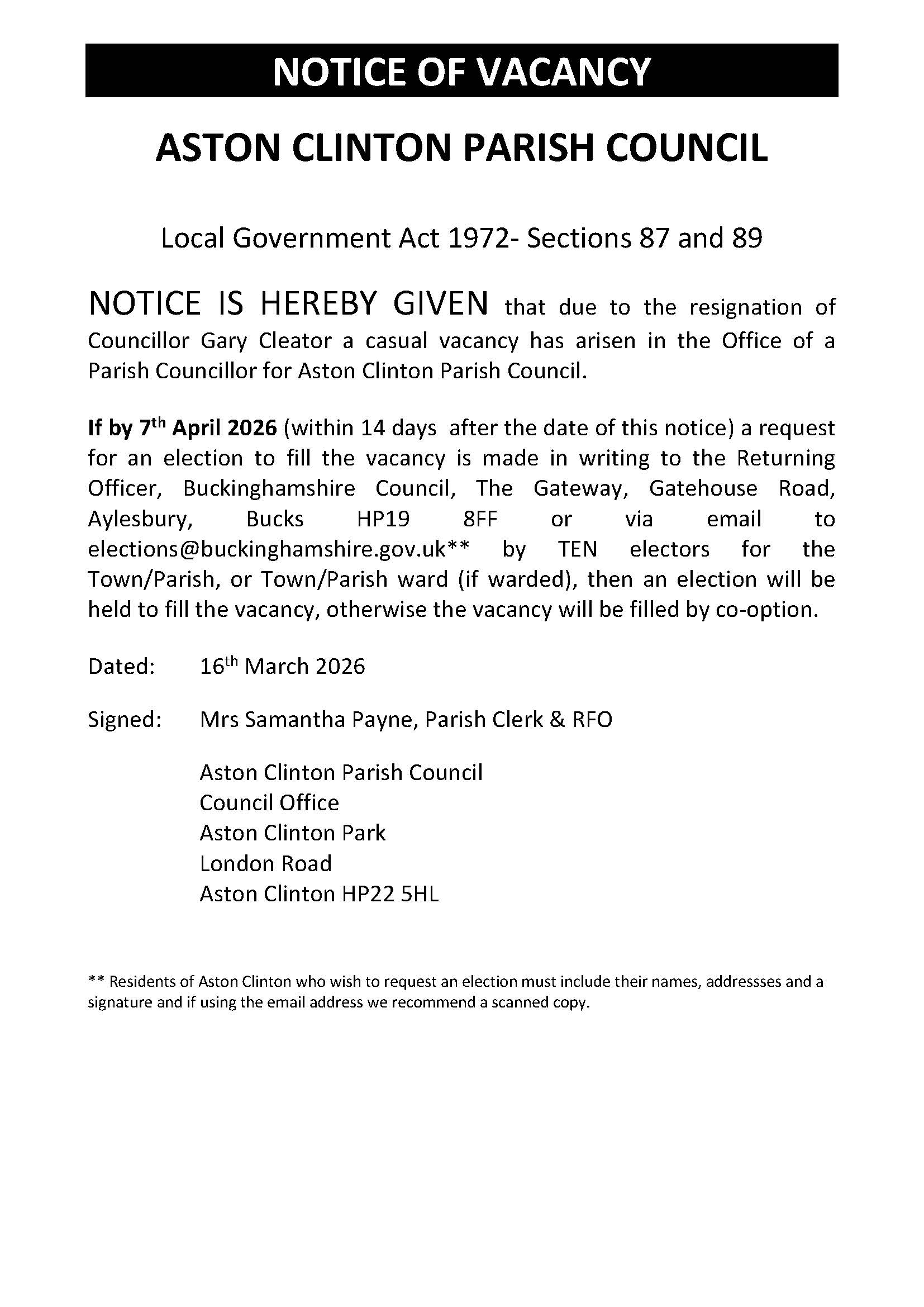 Aston Clinton Parish Council Councillor Vacancies
