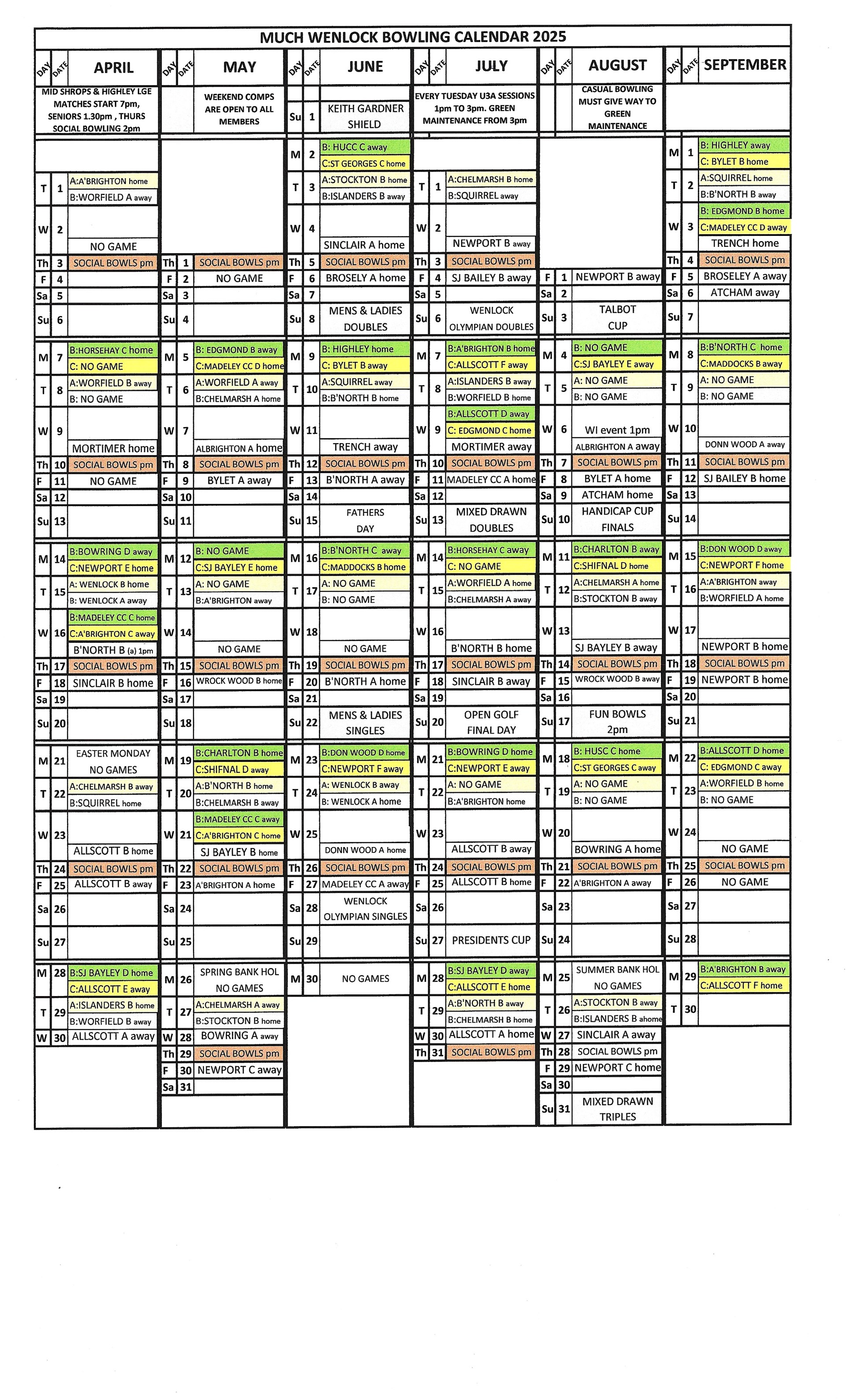Much Wenlock Bowling Club Bowling Calendar