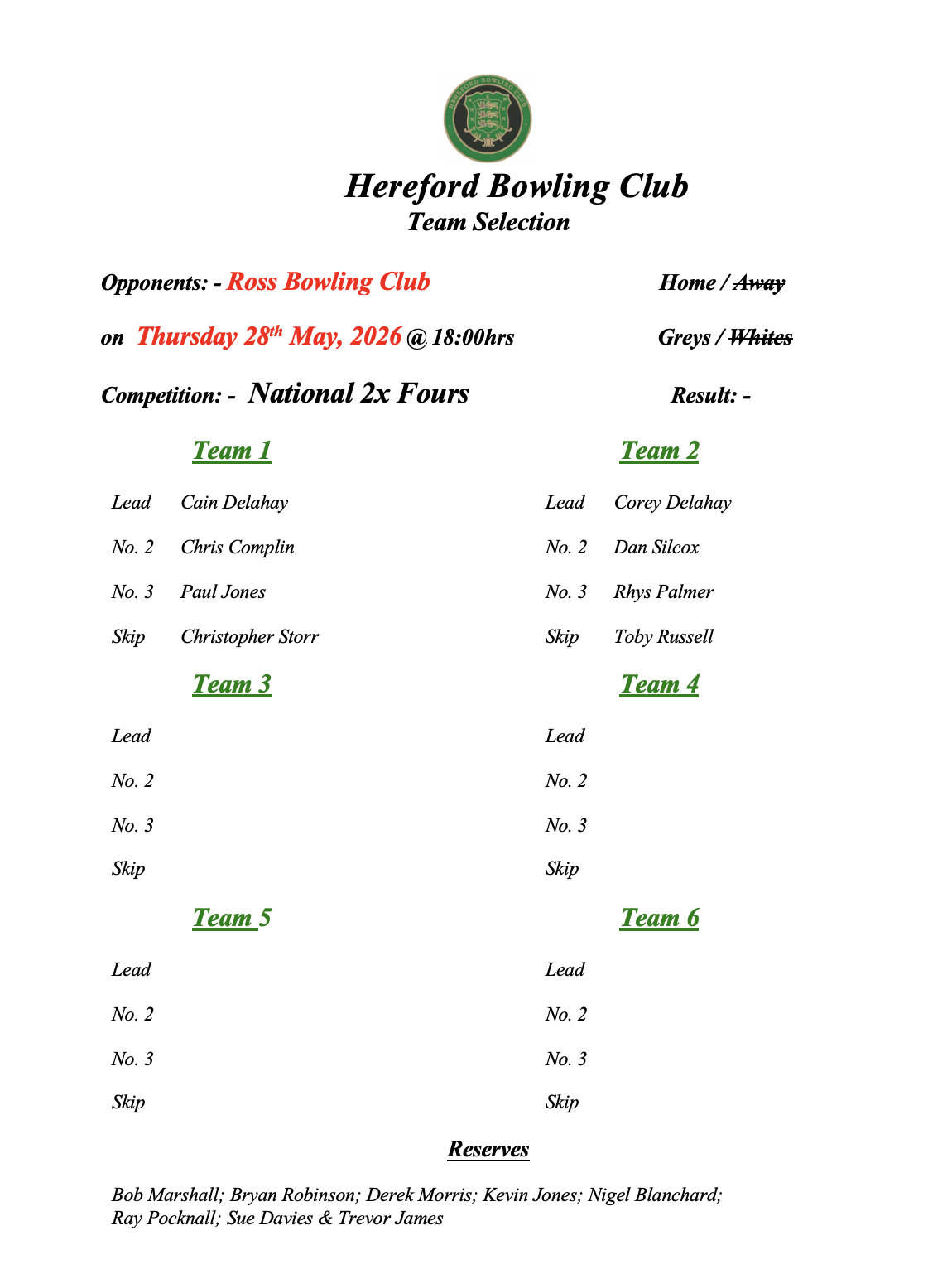 Hereford Bowling Club Ross - National Two 4's - 28/05/26