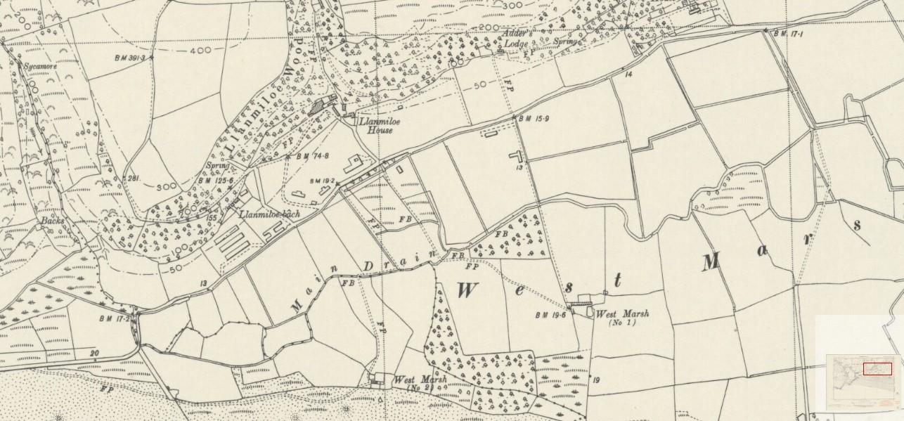 Ordnance survey map of Llanmiloe in 1948 published in 1953