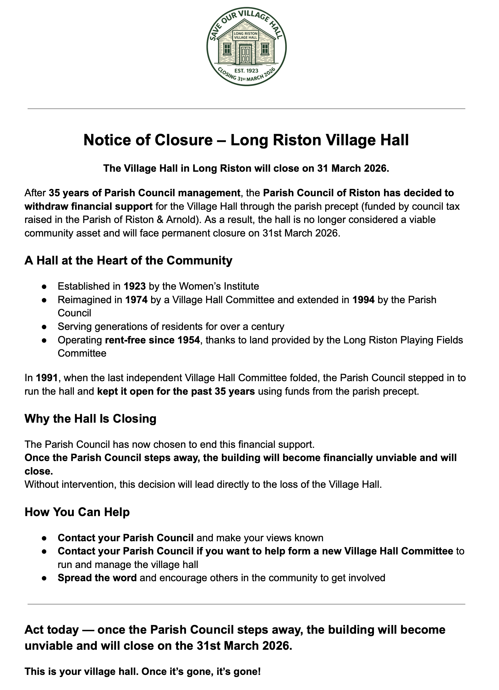 Riston Save Our Village Hall