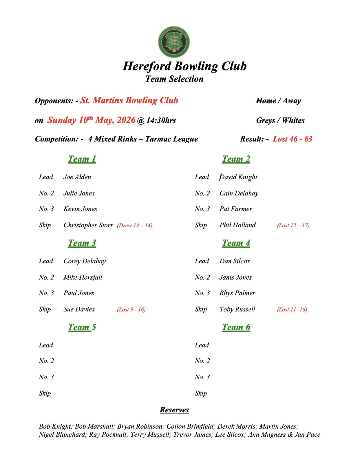 Hereford Bowling Club St. Martins - Tarmac League - 10/05/26