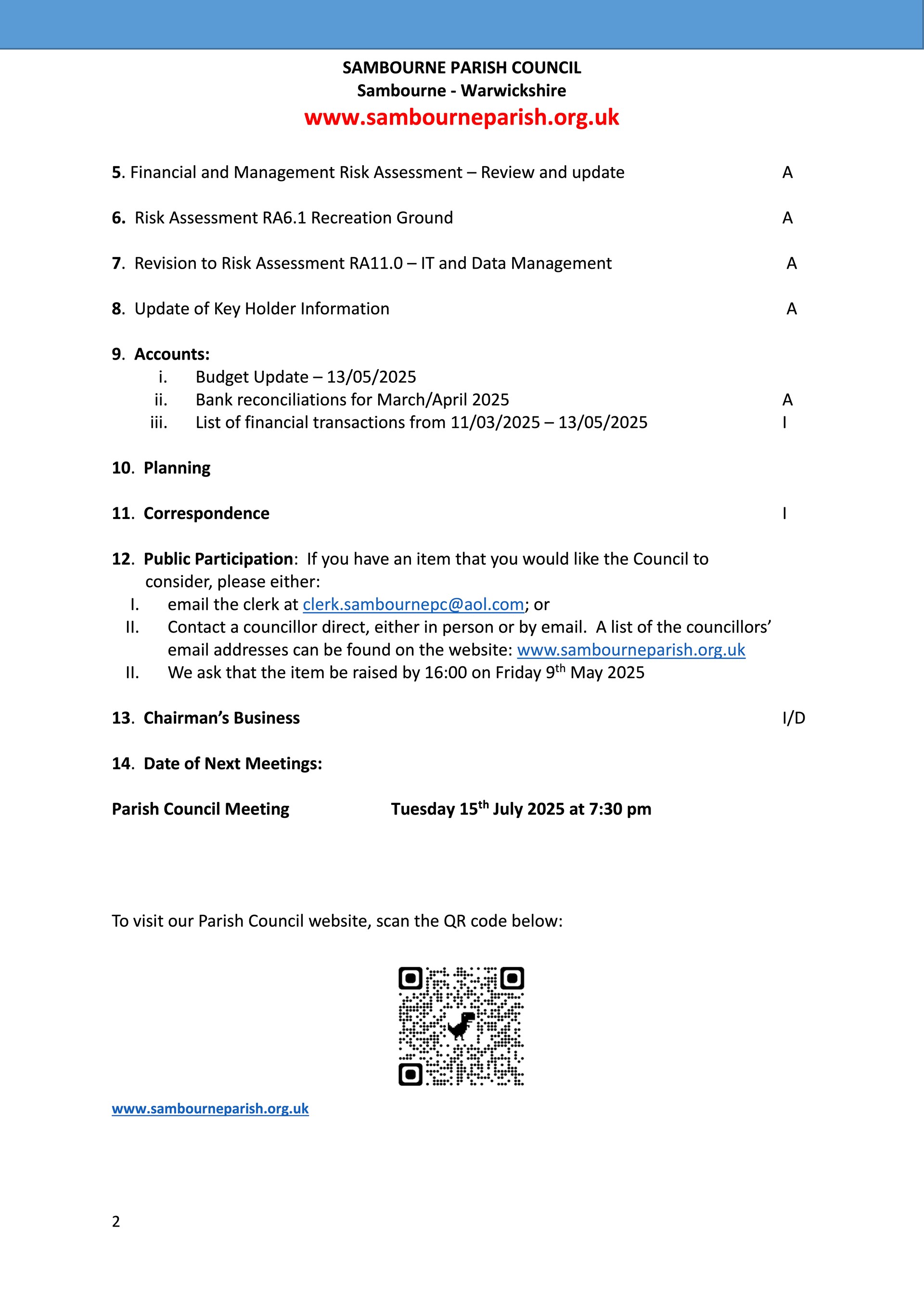 Sambourne Parish Council Agendas