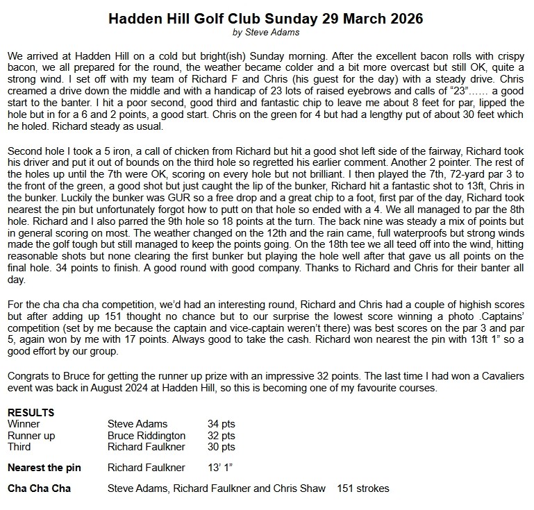 Bracknell Cavaliers Golf Society Hadden Hill 29 March 2026