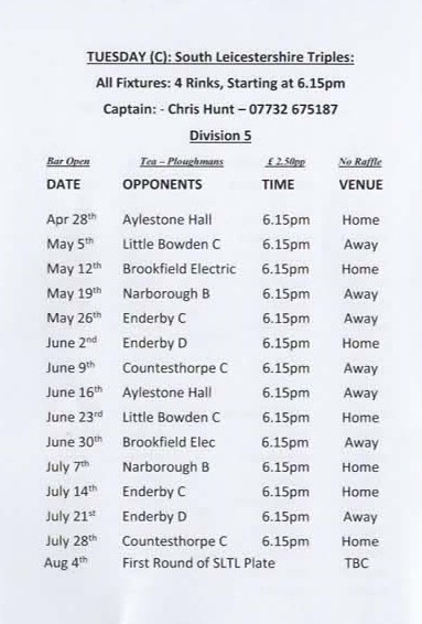 Hart of Fleckney Bowls Club S Leics Triples League