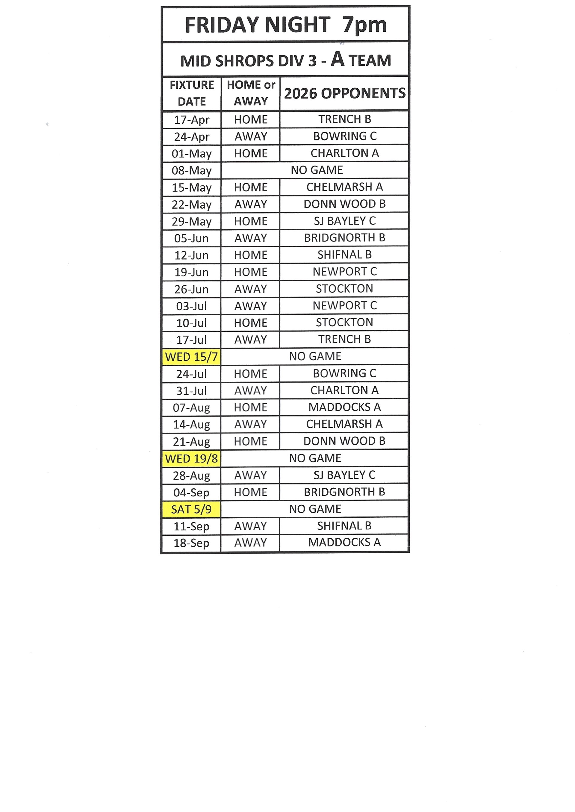 Much Wenlock Bowling Club Friday Night Fixtures