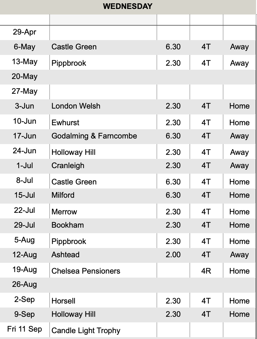 Wonersh Bowls Club 2026 Friendlies (Weds, Sat and Sun)