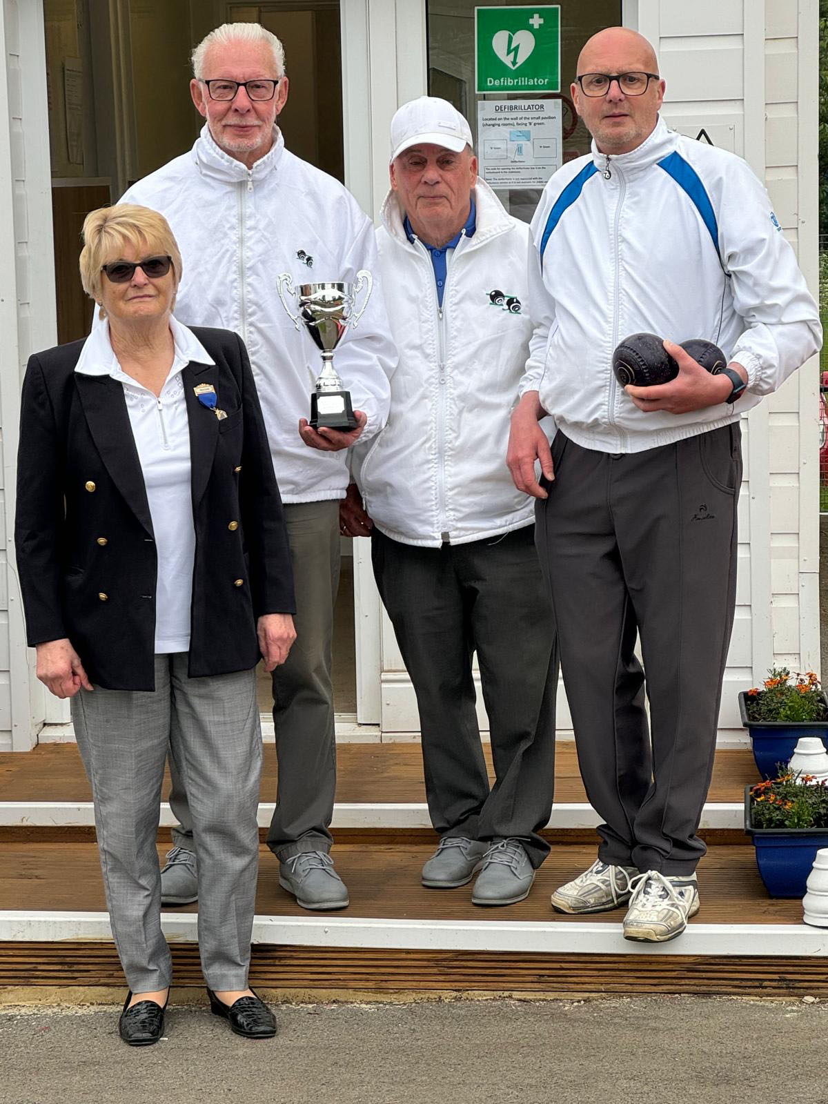 Cleveland 2 bowl triples 19/5/24 at Smiths Dock - runners up Fred Kirby, John McArthur and Neil Lockwood with Cleveland League President Ann Watson