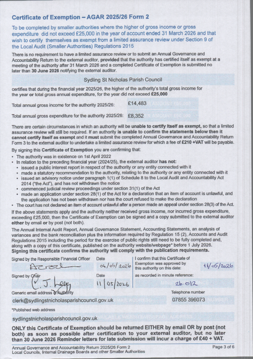 Sydling St Nicholas Parish Council Finance 2025-2026