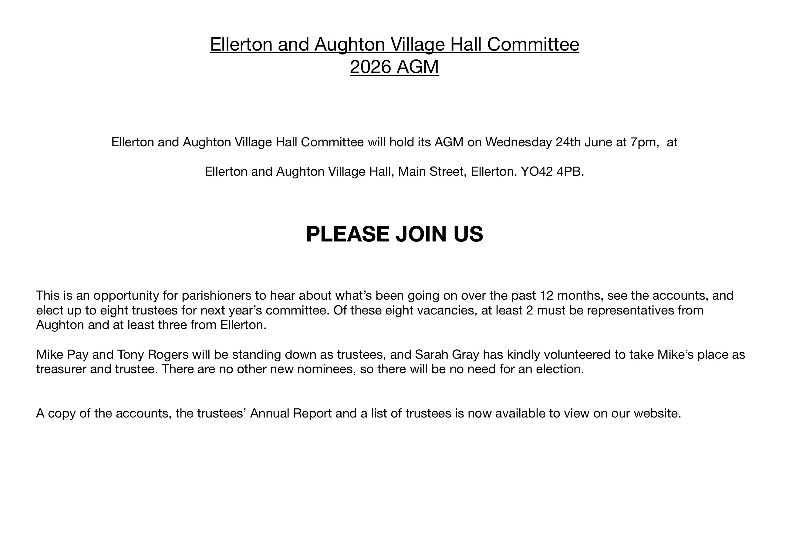 Ellerton & Aughton Community Village Hall 2026 AGM Notice