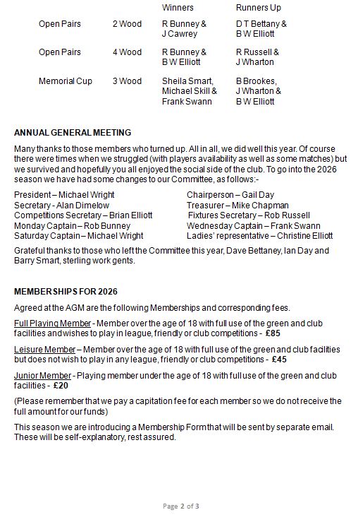 Sutton Bonington Bowls Club Club Newsletters