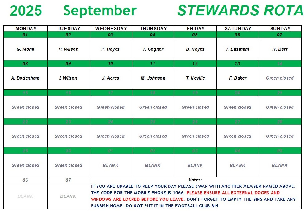 Marina Bowling Club Dawlish Monthly Rota 2025