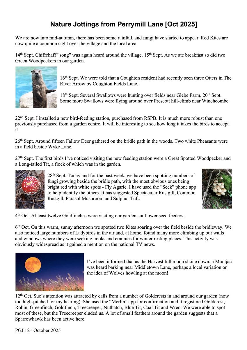 Sambourne Parish Council Wildlife sightings in Sambourne Parish