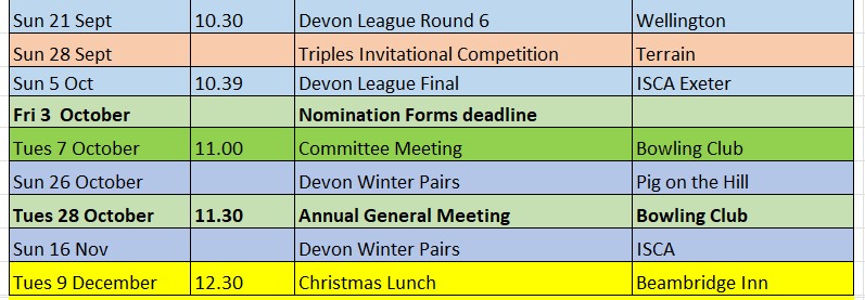 Wellington Pétanque Club Calendar