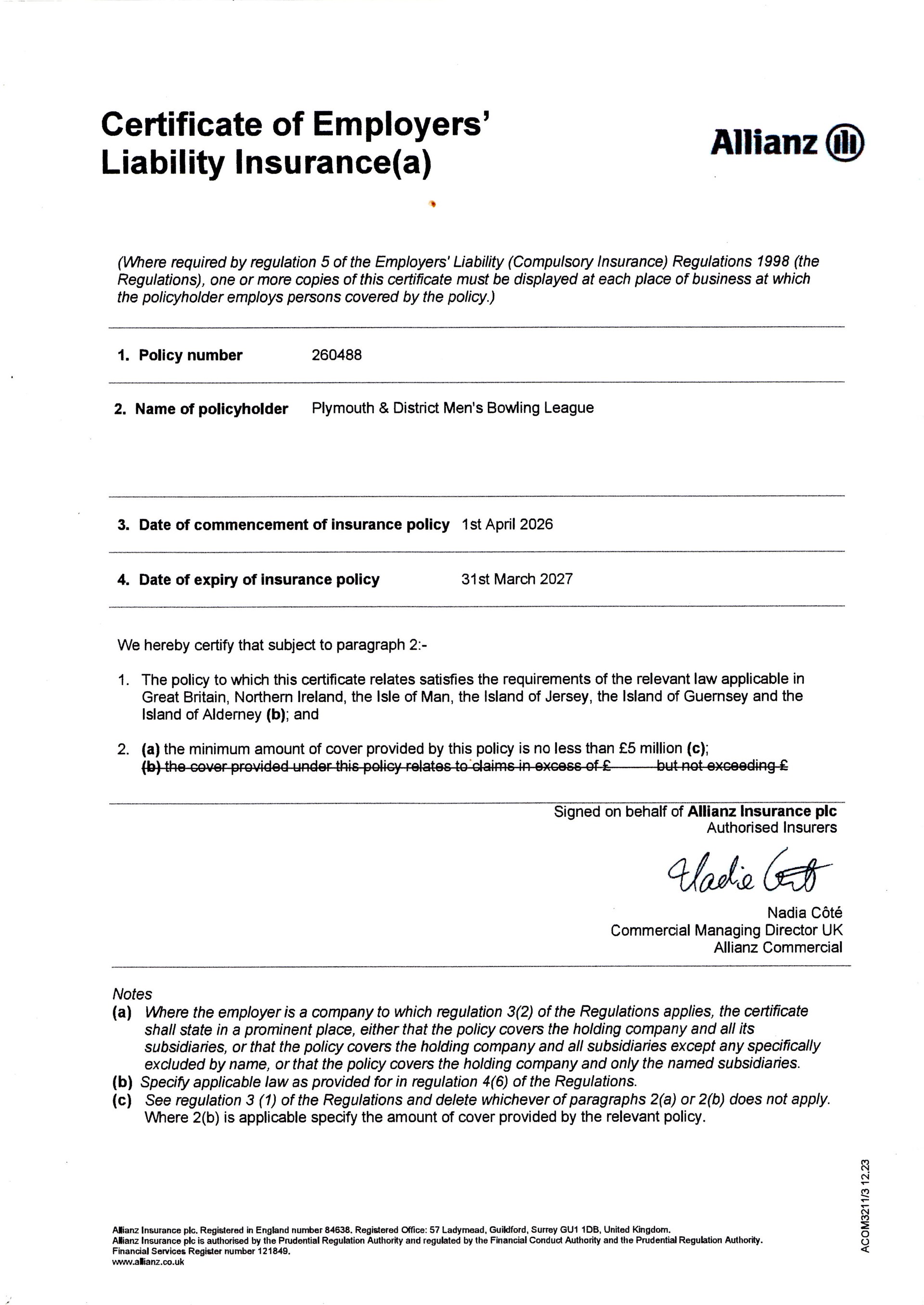 Plymouth & District Mens Bowling League Insurance Certificate