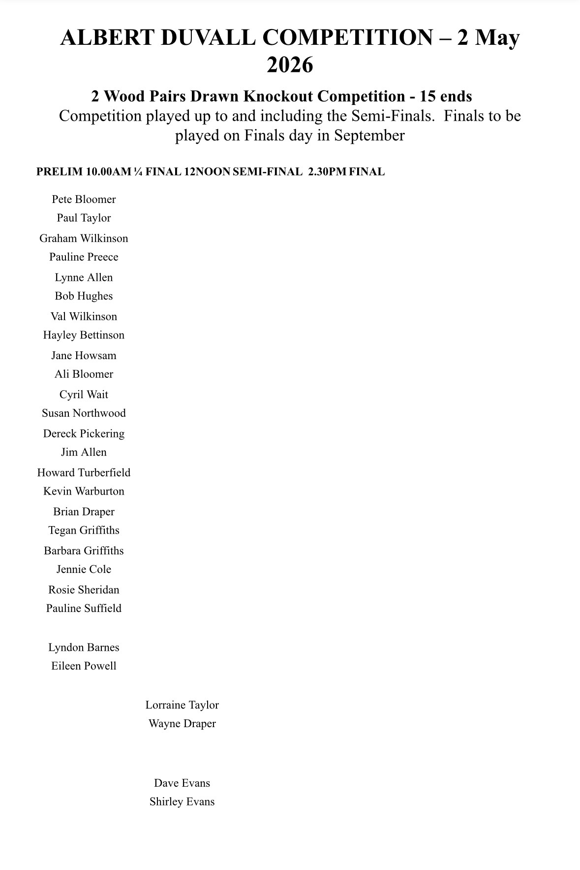Brimfield and Little Hereford Bowling Club Draw for competitions