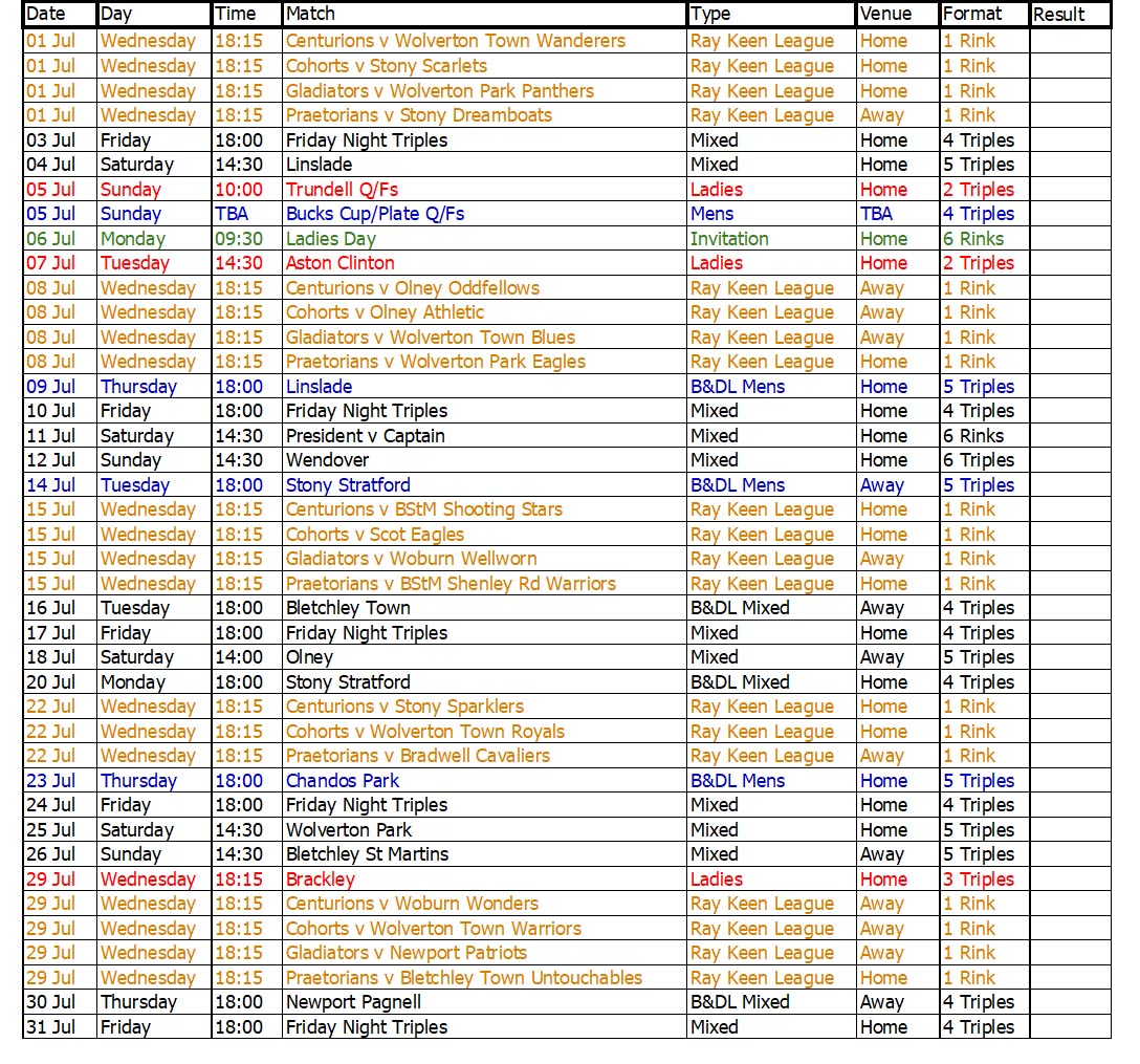 Buckingham West End Bowls Club 2006 July Fixtures