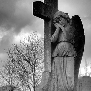 Black and white photo of headstone with angel on a cross in old section