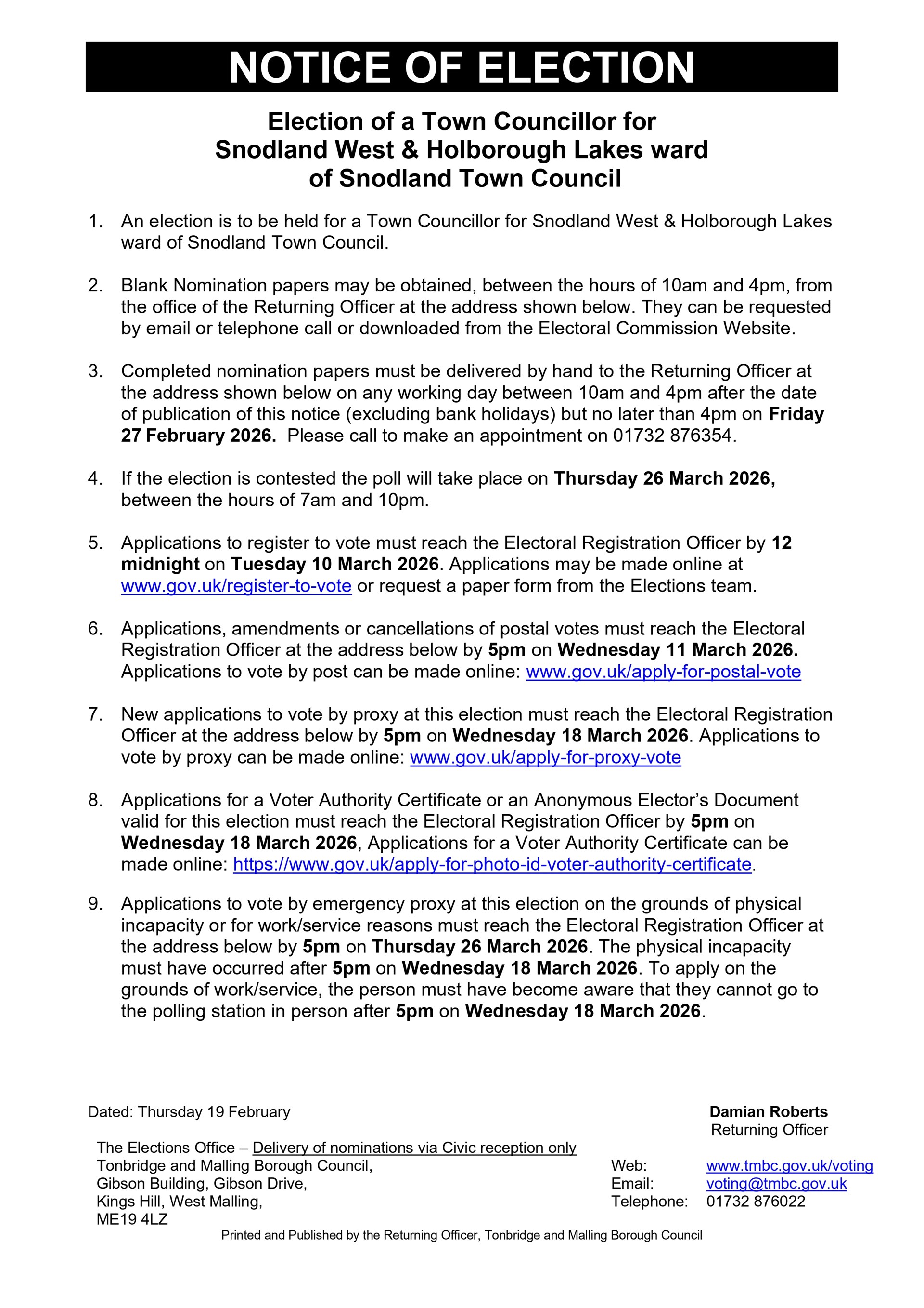 Election of a Town Councillor for Snodland West & Holborough Lakes