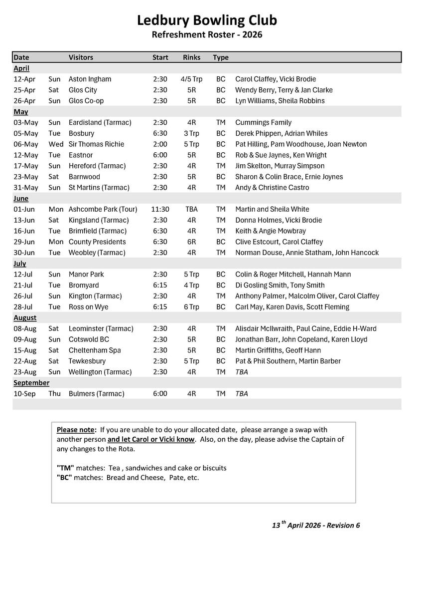 Ledbury Bowling Club Refreshment Roster