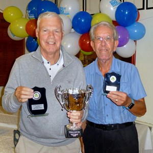 Bill Draycott with the Yardstick Winners Trophy and Finalist Gus Edwards at the Clubs Presentation Evening