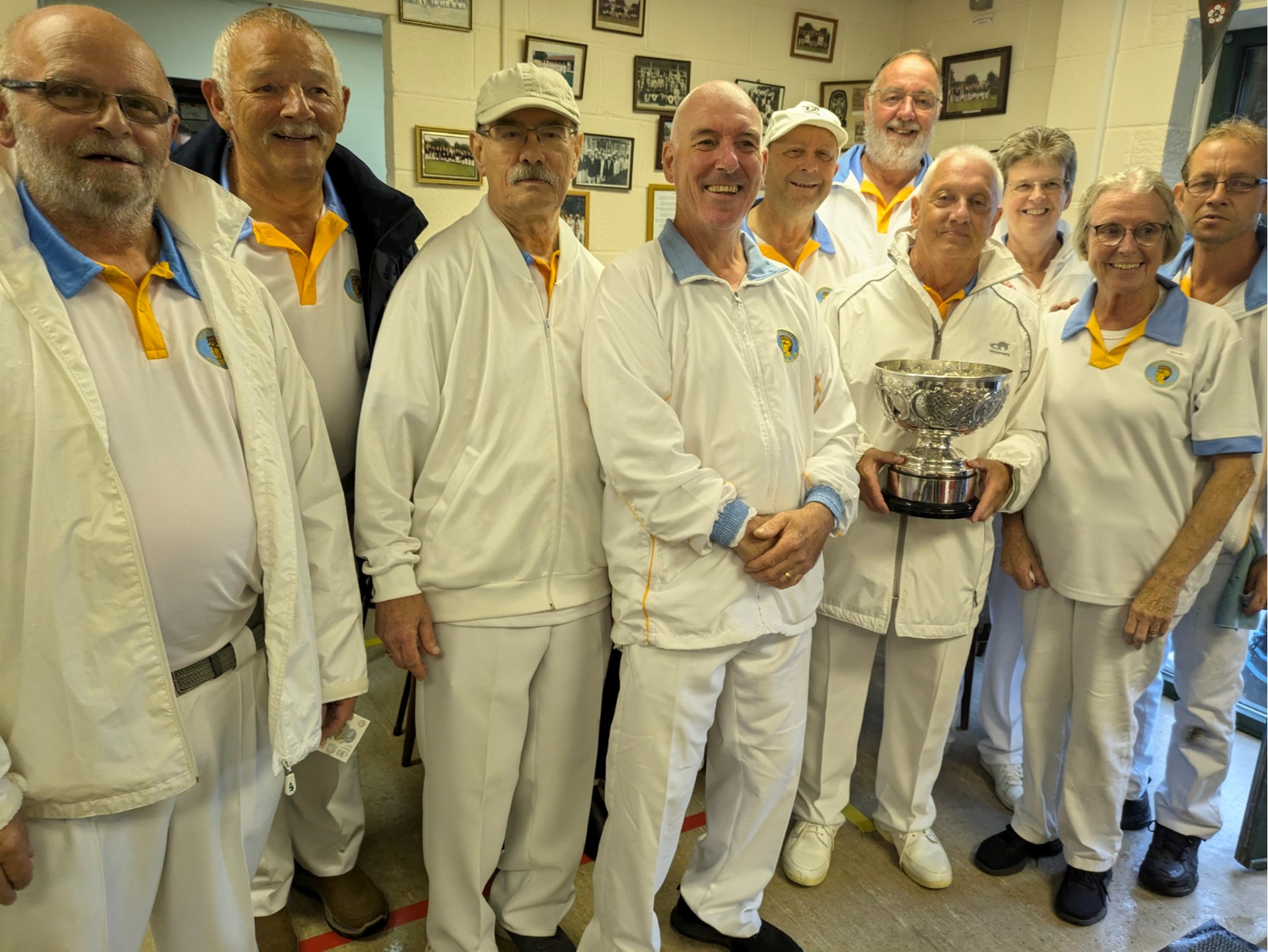 Brambley Bowl Winners 2024, winning 3 rinks to 1 against a strong Evington side on 15th July at South Wigston in the rain... Well done Thurmaston Bowls Club