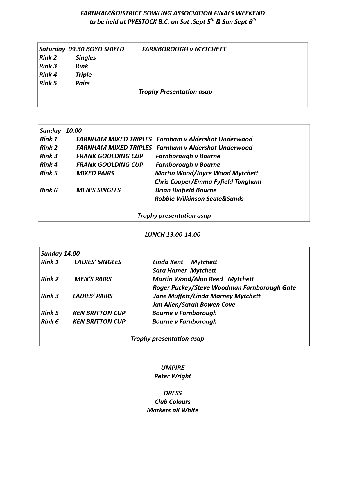  Farnham&District Bowling Association  Finals Schedule